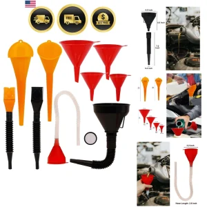 Funnels for Automotive Use Set of 10, Plastic Oil Funnel Set for Gasoline and...